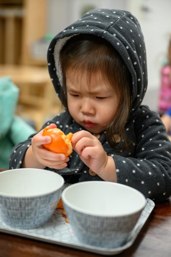 Public Montessori Schools - Child Pealing an Orange Vertical