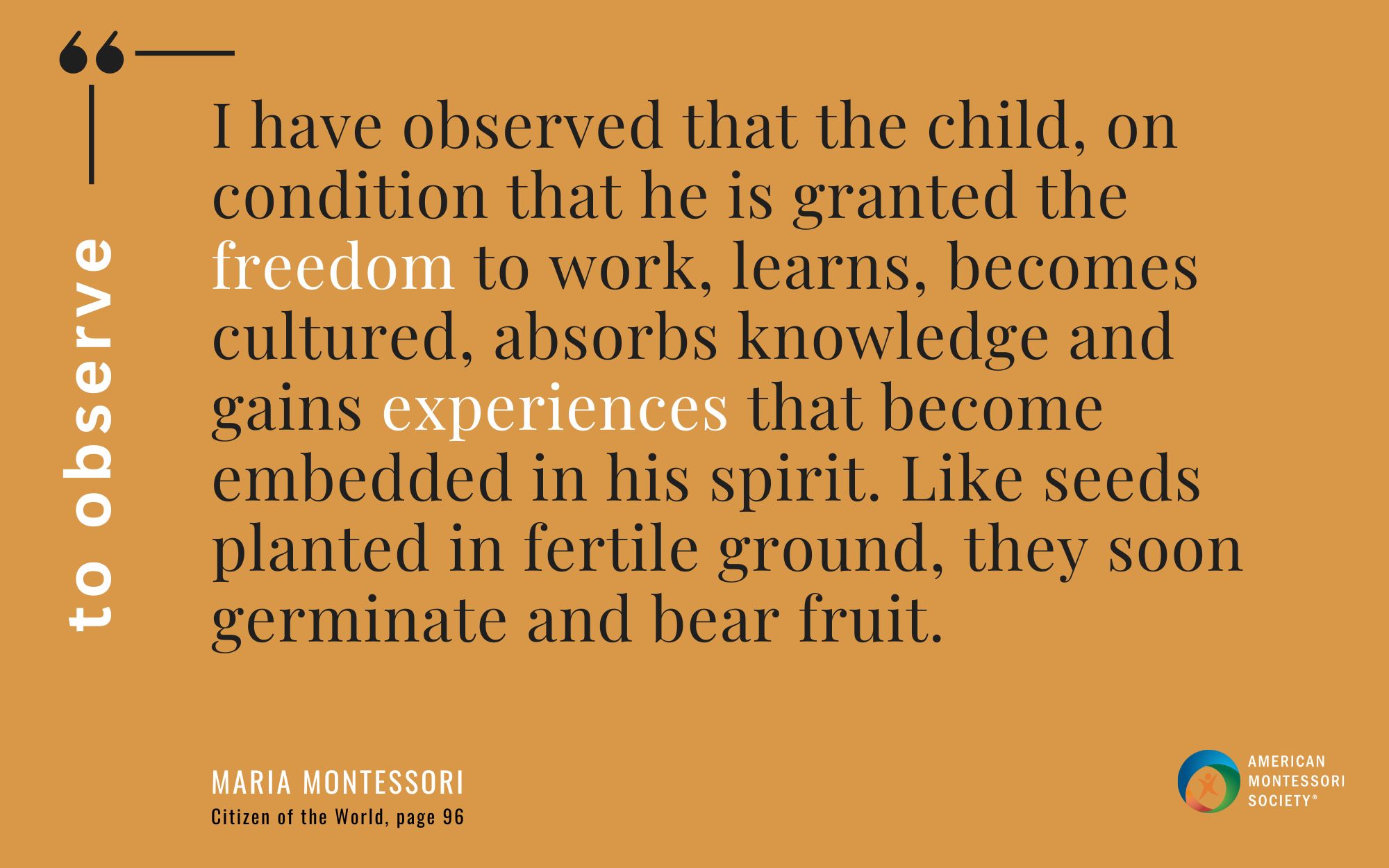 I have observed that the child, on condition that he is granted the freedom to work, learns, becomes cultured, absorbs knowledge and gains experiences that become embedded in his spirit. Like seeds planted in fertile ground, they soon germinate and bear fruit.