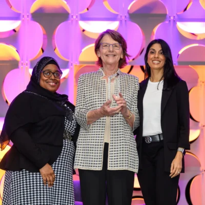 Dot Thompson (middle) accepting the Nancy McCormick Rambusch Award at The Montessori Event 2024 in Orlando, FL. (Pictured with Anita Hanks (right) and Amira Mogaji (left)